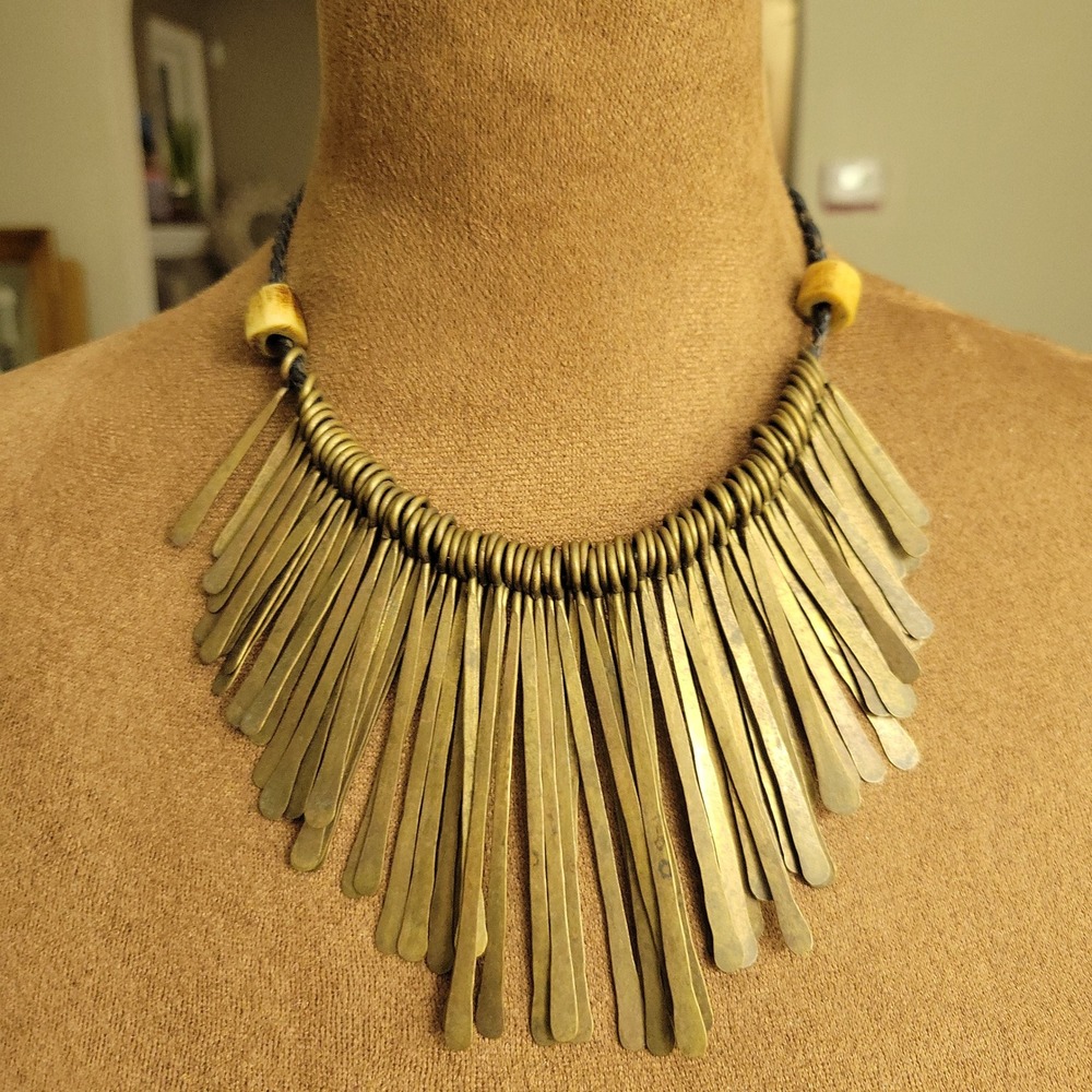 Vintage Brass Hammered Fringe Statement Necklace Leather Cord Goblincore